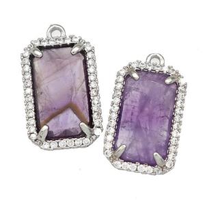 Natural Purple Amethyst Rectangle Pendant Copper Pave Zircon Platinum Plated, approx 12-18mm [GM22563]