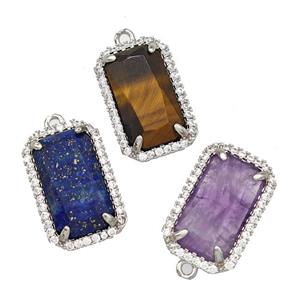 Natural Gemstone Rectangle Pendant Copper Pave Zircon Platinum Plated Mixed, approx 12-18mm [GM22564]