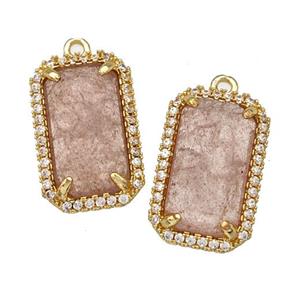 Pink Strawberry Quartz Rectangle Pendant Copper Pave Zircon Gold Plated, approx 12-18mm [GM22568]