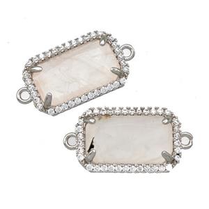 Natural Rose Quartz Rectangle Connector Copper Pave Zircon Platinum Plated, approx 12-18mm [GM22576]