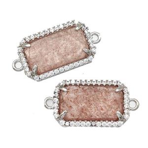 Pink Strawberry Quartz Rectangle Connector Copper Pave Zircon Platinum Plated, approx 12-18mm [GM22578]