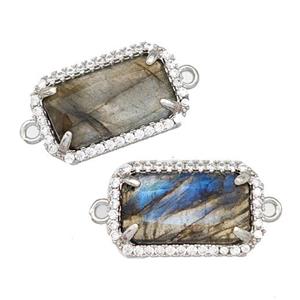 Natural Labradorite Rectangle Connector Copper Pave Zircon Platinum Plated, approx 12-18mm [GM22581]