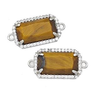Natural Tiger Eye Stone Rectangle Connector Copper Pave Zircon Platinum Plated, approx 12-18mm [GM22582]