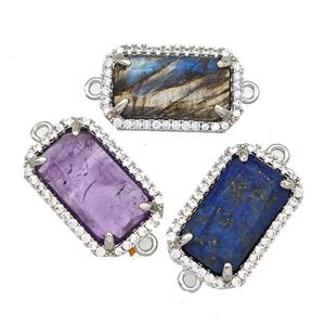 Natural Gemstone Rectangle Connector Copper Pave Zircon Platinum Plated Mixed, approx 12-18mm [GM22585]