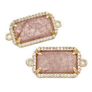 Pink Strawberry Quartz Rectangle Connector Copper Pave Zircon Gold Plated, approx 12-18mm [GM22586]