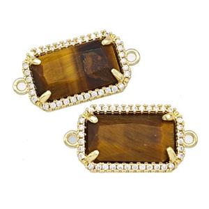 Natural Tiger Eye Stone Rectangle Connector Copper Pave Zircon Gold Plated, approx 12-18mm [GM22590]