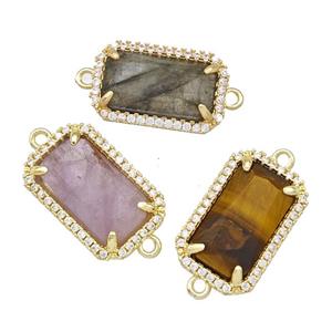 Natural Gemstone Rectangle Connector Copper Pave Zircon Gold Plated Mixed, approx 12-18mm [GM22592]