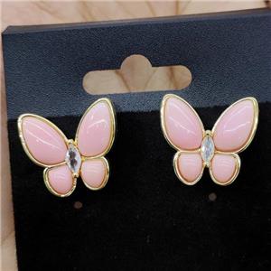 Natural Pink Queen Shell Butterfly Stud Earrings Gold Plated, approx 15-17mm [GM22617]