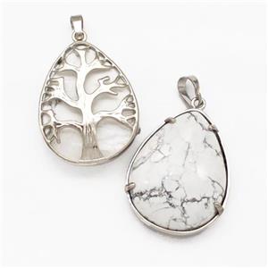Natural White Howlite Turquoise Teardrop Pendant Tree Platinum Plated, approx 25-33mm [GM22688]
