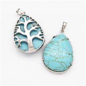 Blue Synthetic Turquoise Teardrop Pendant Tree Platinum Plated, approx 25-33mm [GM22689]