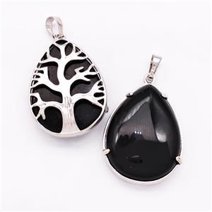 Natural Black Onyx Agate Teardrop Pendant Tree Platinum Plated, approx 25-33mm [GM22690]