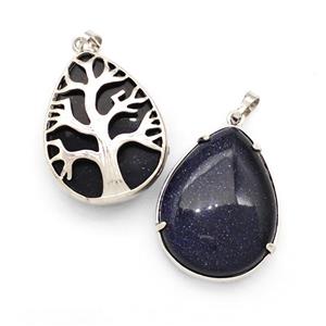 Blue Sandstone Teardrop Pendant Tree Platinum Plated, approx 25-33mm [GM22692]