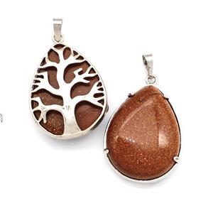 Golden Sandstone Teardrop Pendant Tree Platinum Plated, approx 25-33mm [GM22693]