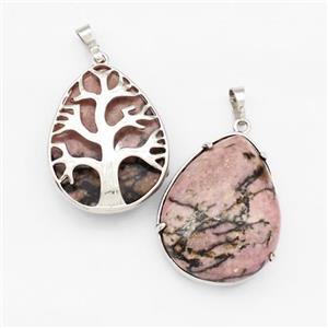 Natural Chinese Rhodonite Teardrop Pendant Tree Platinum Plated, approx 25-33mm [GM22694]