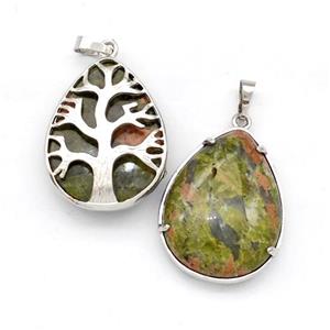 Natural Unakite Teardrop Pendant Tree Platinum Plated, approx 25-33mm [GM22695]