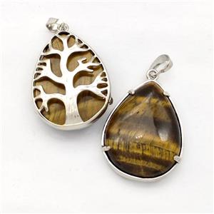 Natural Tiger Eye Stone Teardrop Pendant Tree Platinum Plated, approx 25-33mm [GM22696]