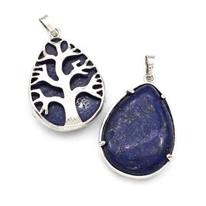 Natural Blue Lapis Lazuli Teardrop Pendant Tree Platinum Plated, approx 25-33mm [GM22697]