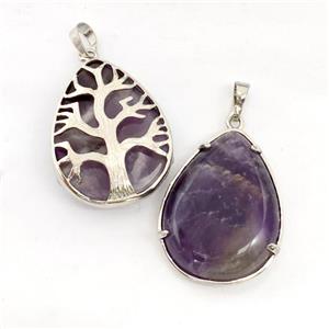 Natural Purple Amethyst Teardrop Pendant Tree Platinum Plated, approx 25-33mm [GM22698]
