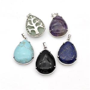 Mixed Gemstone Teardrop Pendant Tree Platinum Plated, approx 25-33mm [GM22699]