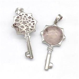 Alloy Key Charms Pendant Pave Rose Quartz Platinum Plated, approx 16mm, 20-40mm [GM22701]