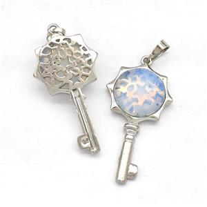 Alloy Key Charms Pendant Pave White Opalite Platinum Plated, approx 16mm, 20-40mm [GM22702]