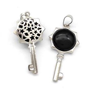 Alloy Key Charms Pendant Pave Black Obsidian Platinum Plated, approx 16mm, 20-40mm [GM22703]