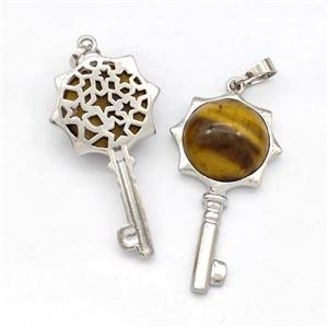 Alloy Key Charms Pendant Pave Tiger Eye Stone Platinum Plated, approx 16mm, 20-40mm [GM22710]