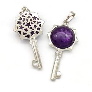 Alloy Key Charms Pendant Pave Purple Amethyst Platinum Plated, approx 16mm, 20-40mm [GM22712]