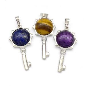 Alloy Key Charms Pendant Pave Gemstone Platinum Plated Mixed, approx 16mm, 20-40mm [GM22713]