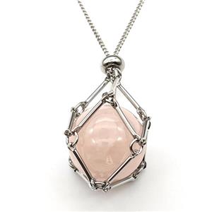 Natural Pink Rose Quartz Necklace Platinum Plated, approx 18mm [GM22735]