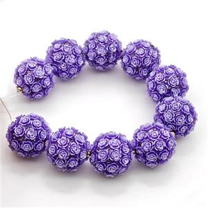 Resin Round Beads Flower Purple, approx 22mm dia [GM22854]