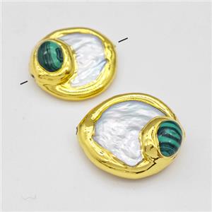 White Pearl Coin Beads With Synthetic Malachite Gold Plated, approx 20-24mm [GM22904]