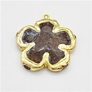 Natural Bronzite Flower Pendant Gold Plated, approx 38mm [GM22920]