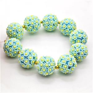 Resin Round Beads Pave Rhinestone Flower Blue, approx 22mm dia [GM22972]
