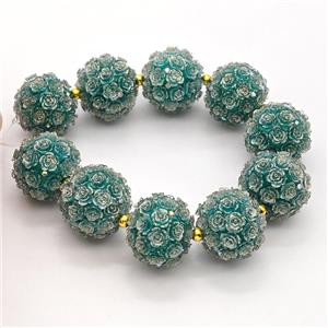 Resin Round Beads Pave Rhinestone Flower Green, approx 22mm dia [GM22973]