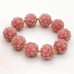 Resin Round Beads Pave Rhinestone Flower Pink, approx 22mm dia [GM22974]