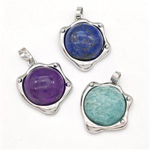 Natural Gemstone Pendant Half Round Platinum Plated Mixed, approx 20-21mm [GM22990]