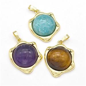 Natural Gemstone Pendant Half Round Gold Plated Mixed, approx 20-21mm [GM22997]