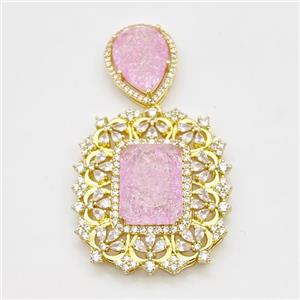 Copper Pendant Pave Zirconia Pink Acrylic Gold Plated, approx 16-20mm, 33-37mm [GM23051]