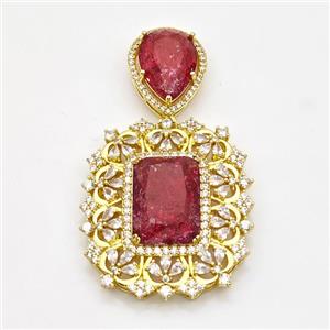 Copper Pendant Pave Zirconia Red Acrylic Gold Plated, approx 16-20mm, 33-37mm [GM23053]