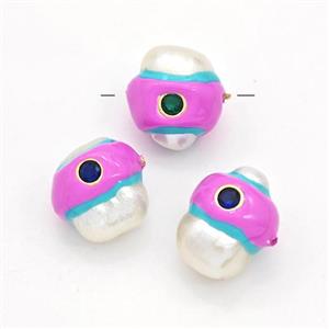 Natural White Pearl Potato Beads Pave Zirconia Hotpink Enamel, approx 13-16mm [GM23067]