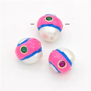 Natural White Pearl Potato Beads Pave Zirconia Pink Enamel, approx 13-16mm [GM23068]