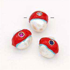 Natural White Pearl Potato Beads Pave Zirconia Red Enamel, approx 13-16mm [GM23072]