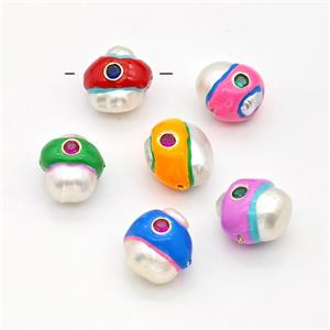 Natural White Pearl Potato Beads Pave Zirconia Enamel Mixed, approx 13-16mm [GM23073]