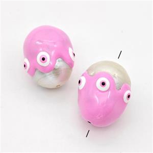 White Pearl Potato Beads Pink Enamel Evil Eye, approx 13-16mm [GM23080]