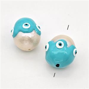 White Pearl Potato Beads Teal Enamel Evil Eye, approx 13-16mm [GM23083]