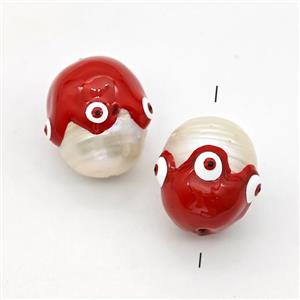 White Pearl Potato Beads Red Enamel Evil Eye, approx 13-16mm [GM23084]