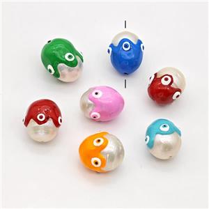 White Pearl Potato Beads Enamel Evil Eye Mixed, approx 13-16mm [GM23086]