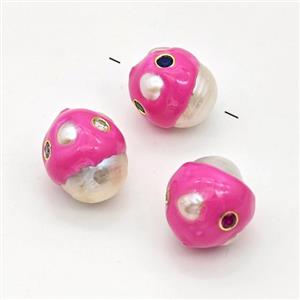 White Pearl Potato Beads Pave Zirconia Pink Enamel, approx 13-17mm [GM23087]