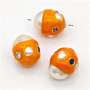 White Pearl Potato Beads Pave Zirconia Orange Enamel, approx 13-17mm [GM23088]
